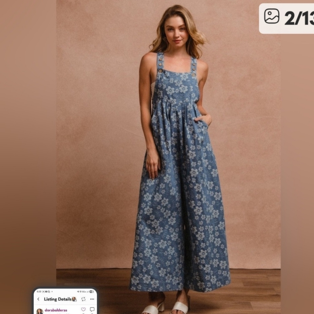 New BiBi Floral Blue Women's Jeans Overalls - Picture 4 of 4